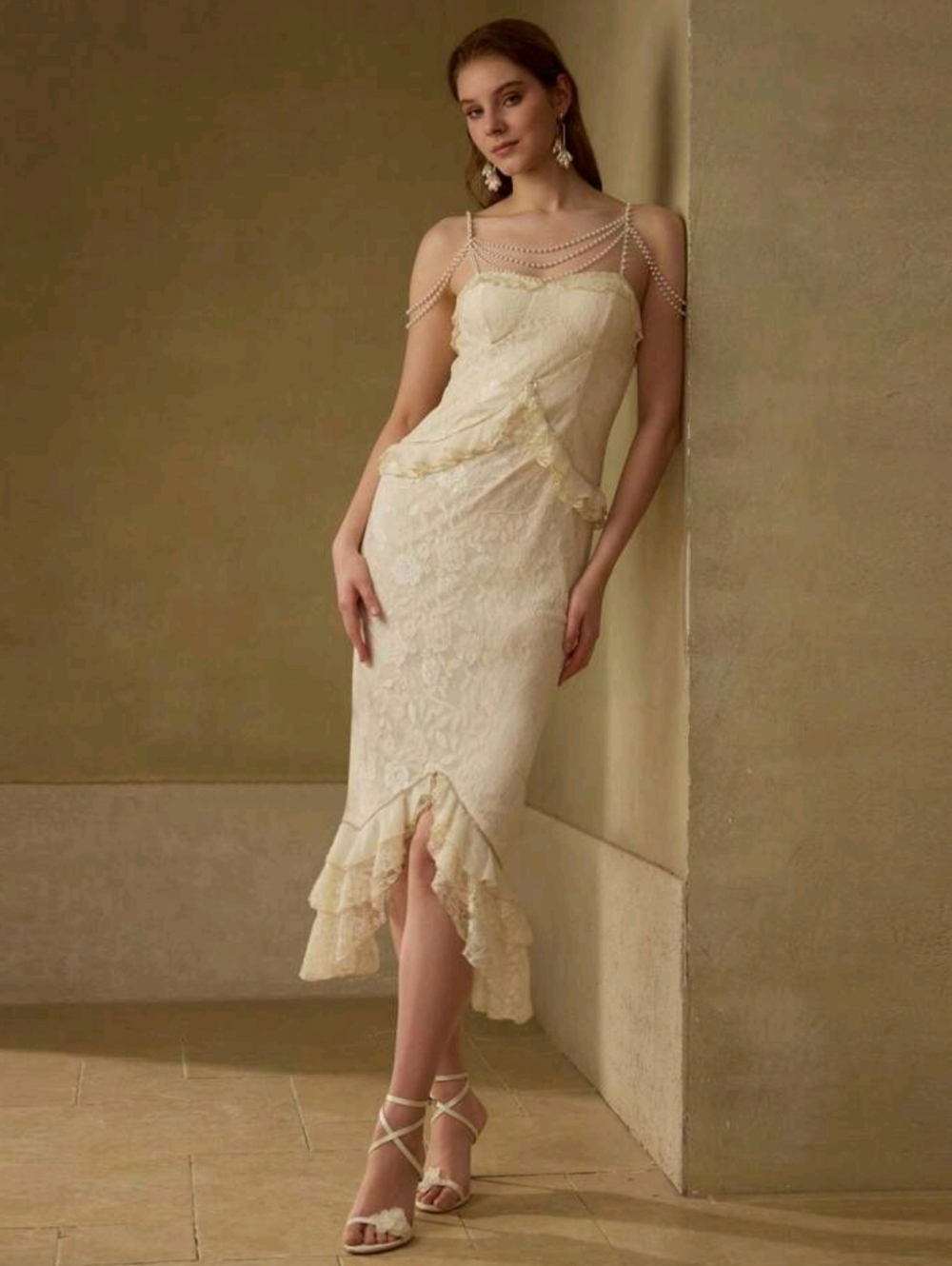 Pearl-Embellished Lace Midi Dress in Cream